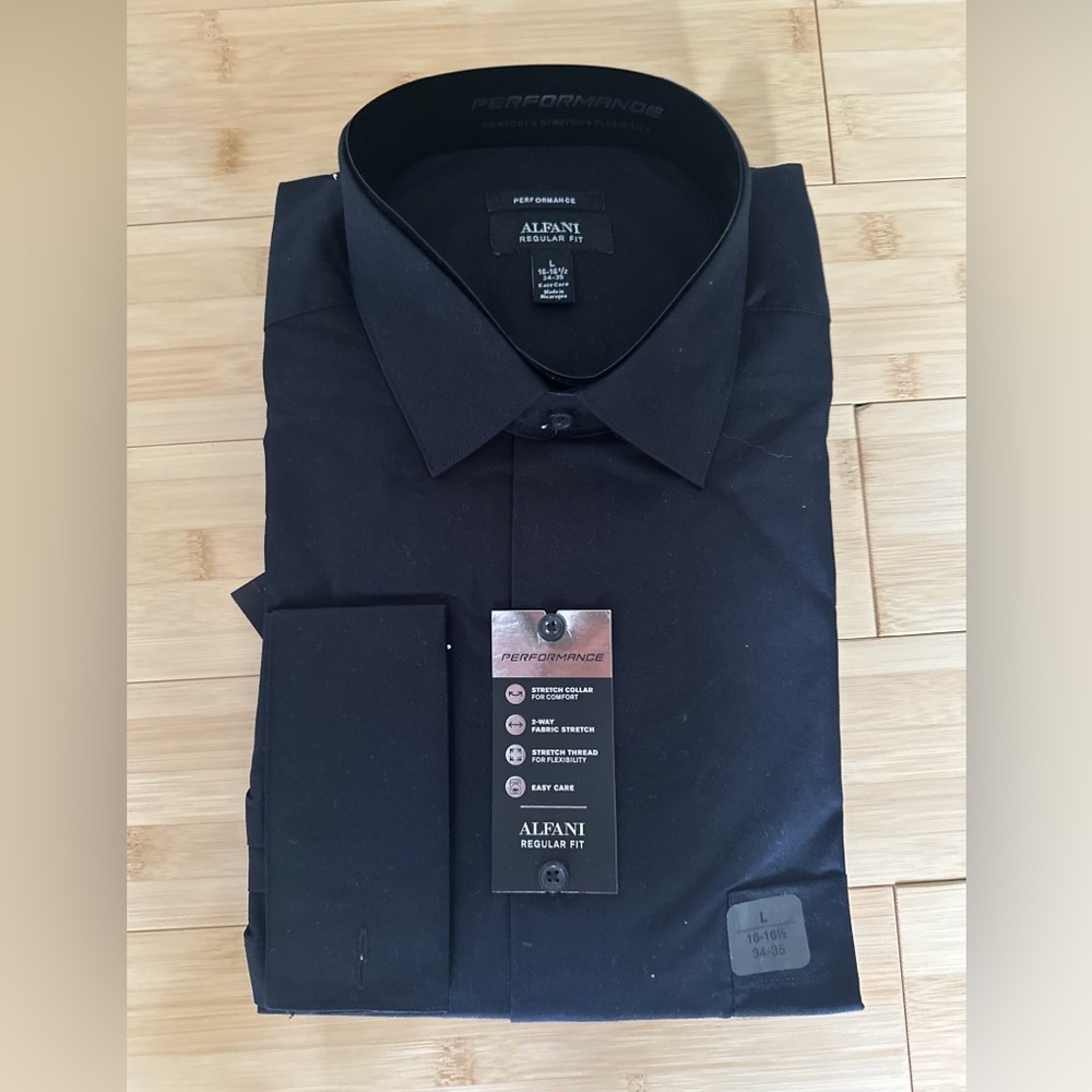 ALFANI, men Solid Black Fashion Button Up Shirt, Size Large Regular Fit, NWT